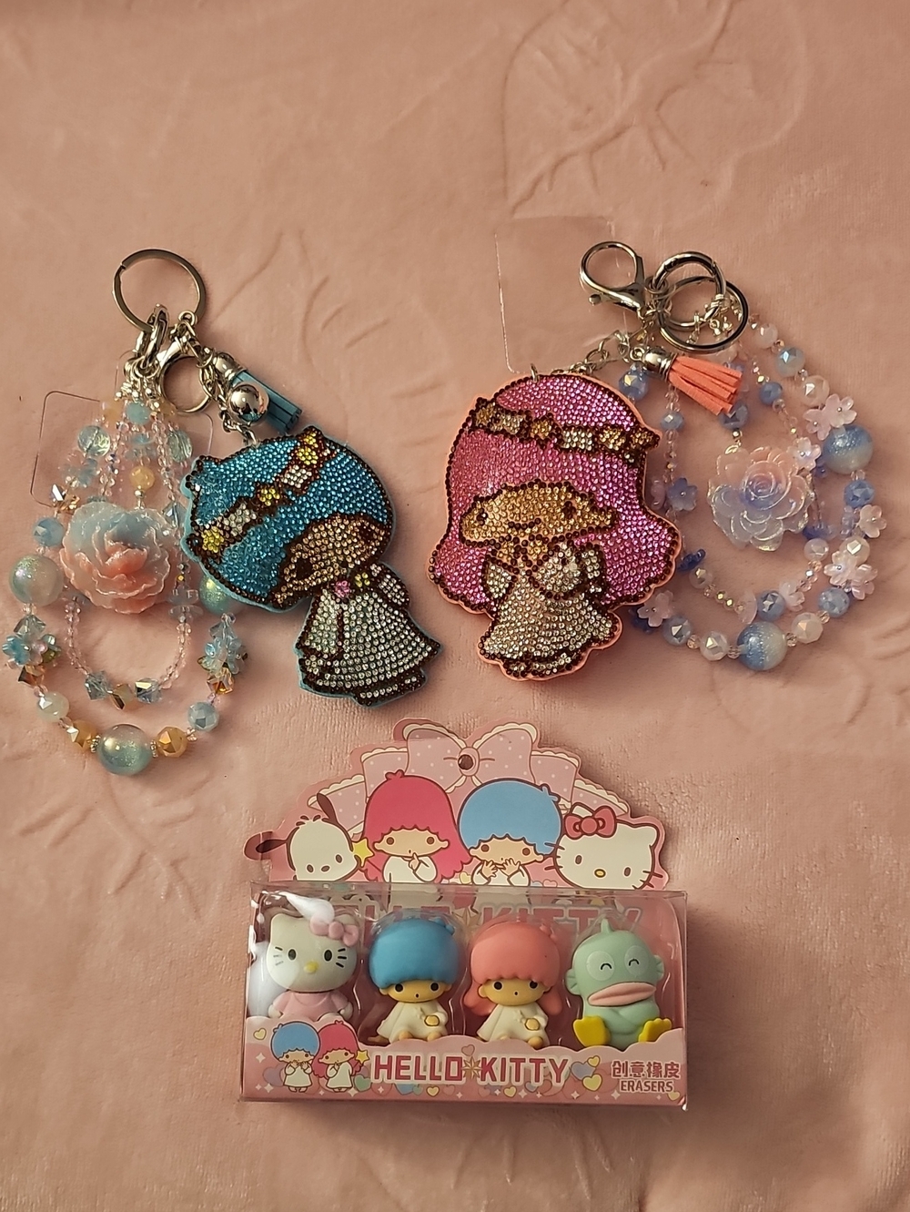 Little Twin Stars Blue and Pink Beaded Charm Keychain Set And Erasers